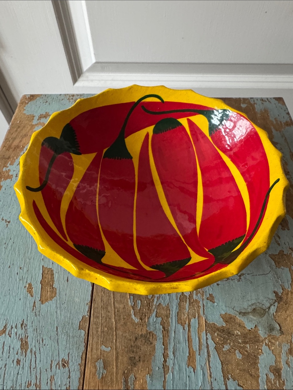 Hand-Painted Mexican Pottery Footed Scalloped Salsa Bowl Vibrant Chili Design